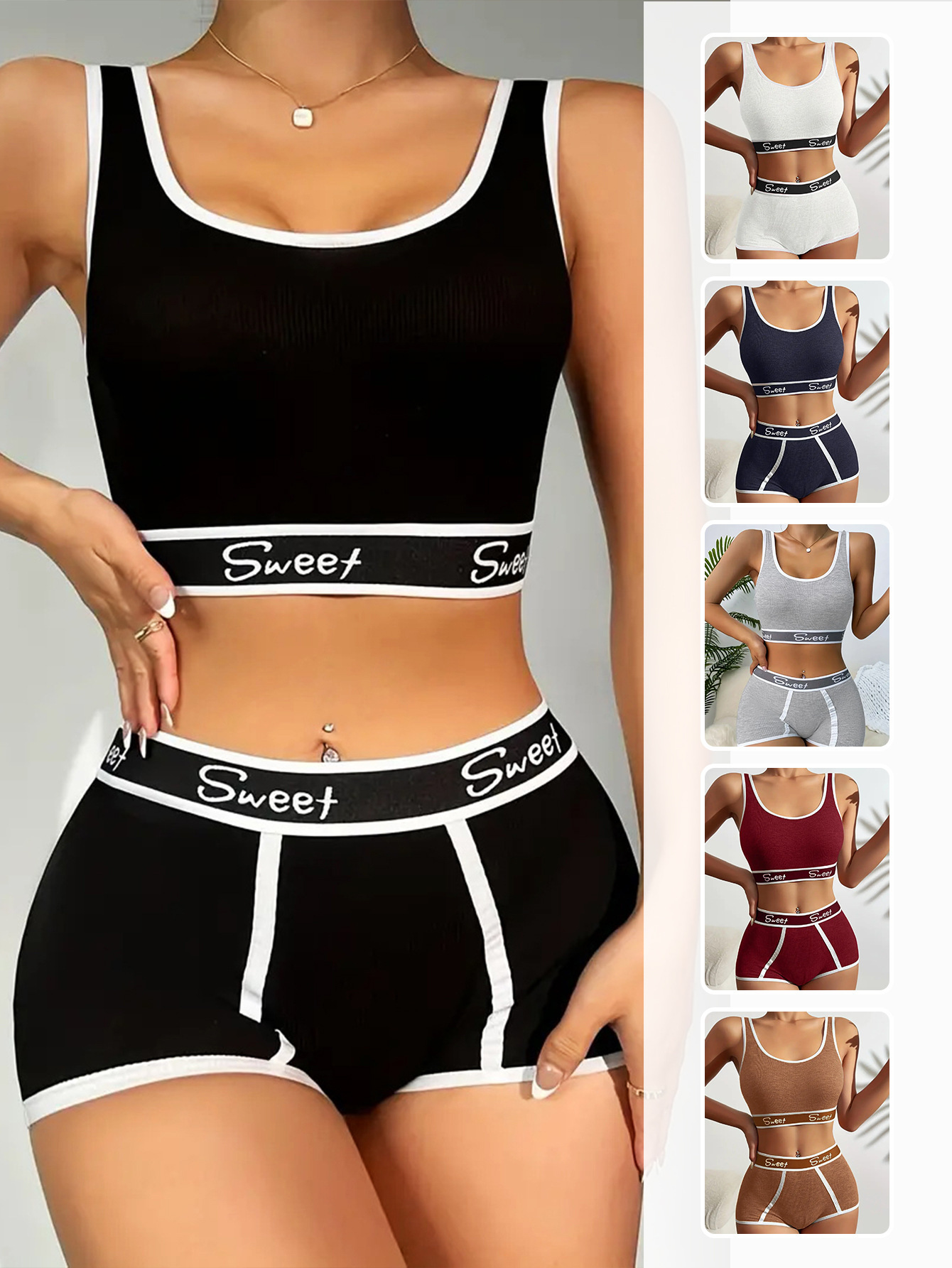 Letter Print Bra Panties Ribbed Wireless Bra Elastic Panties